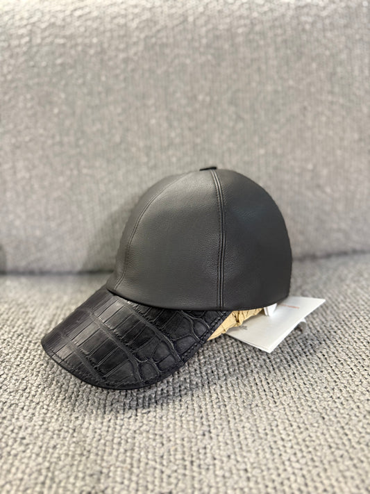 Hermes Aligator & Calfskin Cap Black PHW New
