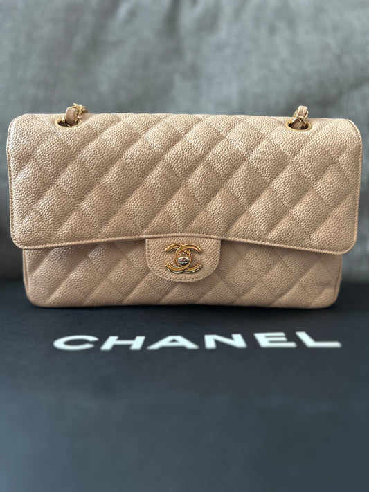 Chanel Double Flap Classic Medium Caviar Bag Beige GHW 2018 In Excellent Condition