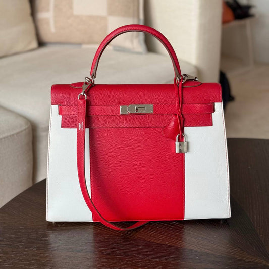 Hermès Kelly 32 Strap in Red and White Epsom PHW