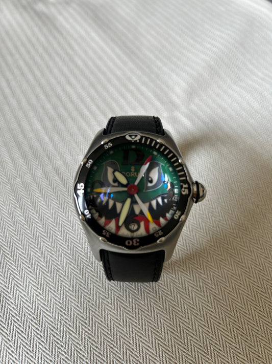 Corum Bubble Dive Bomber "Shark" In Stainless Steel On Leather Strap. Auto W/ Sweep Seconds and Date. 44 mm Case Size. Without box and Papers. Ref. 82.180.20 Fine Pre-owned Corum Watch.