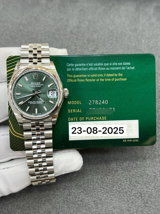 Rolex Datejust 31mm Green Index Dial Stainless Steel Smooth Bezel Jubilee Bracelet New 2025  Ref:278240 Full Set