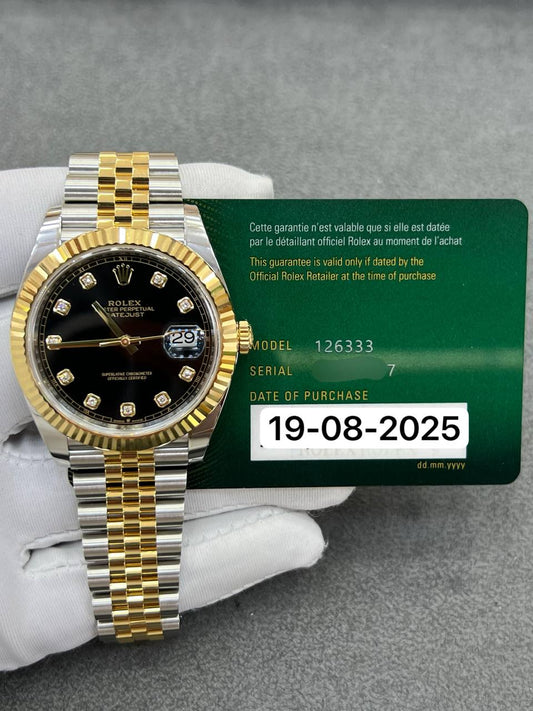 Rolex Datejust 41mm Black Diamond Dial Steel and Yellow Gold Fluted Bezel Jubilee Bracelet New 2025 Full Set ref:126333
