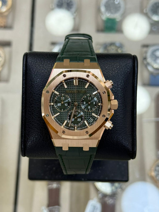 Audemars Piguet Royal Oak Chronograph 41mm Rose Gold Green Dial On Leather New 2025 Full Set Ref:26240OR