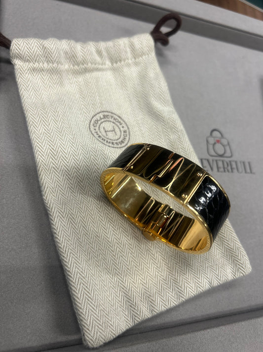 Hermès Black Leather & Gold-Tone Cuff Bracelet
