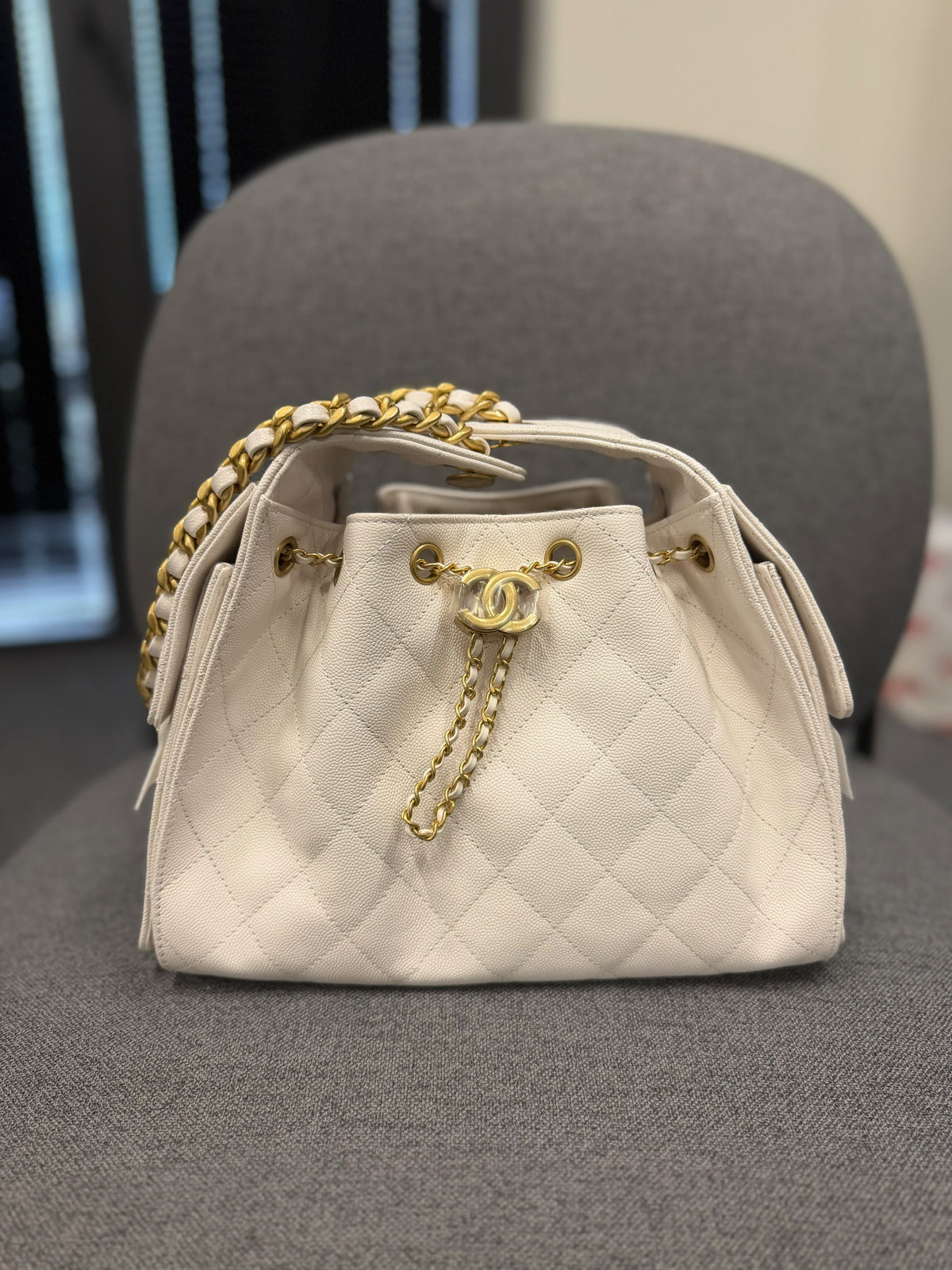 Chanel Quilted Caviar Leather Drawstring Bag – Ivory with Gold-Tone Hardware – Brand New. With Box And Papers