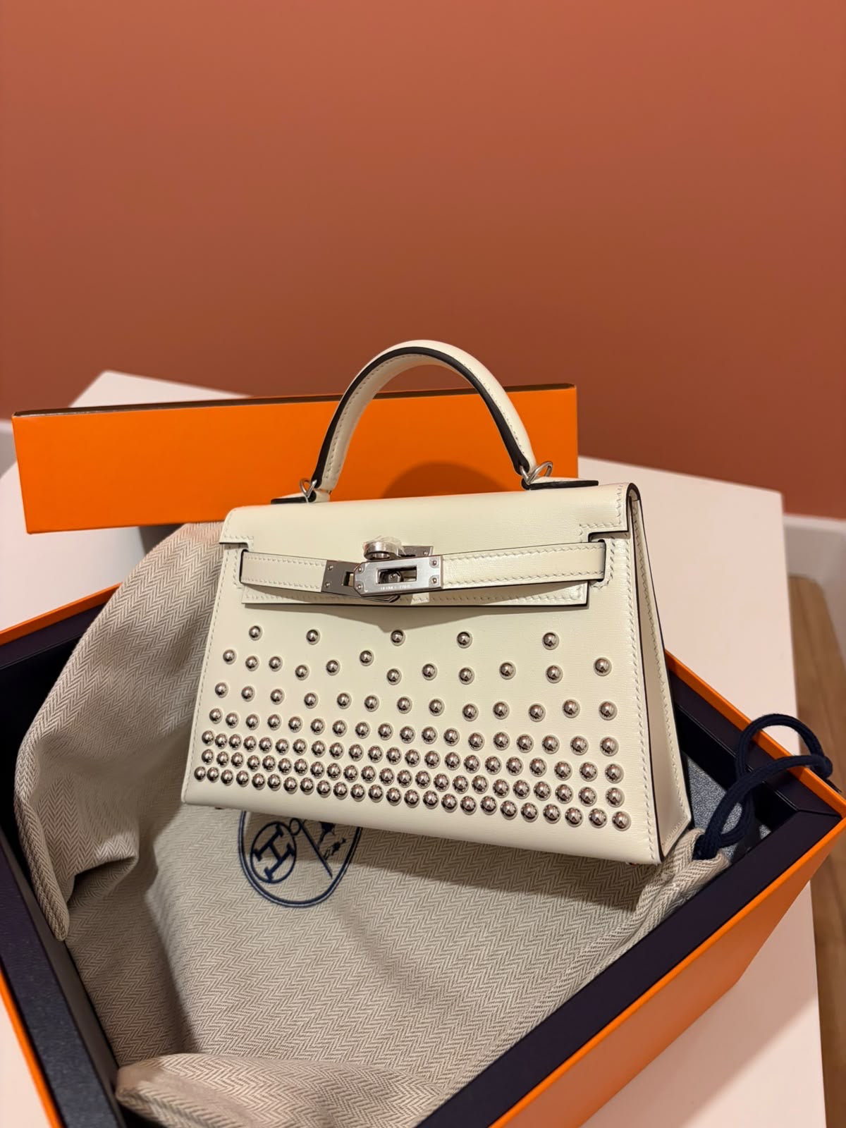 Hermès Kelly II Sellier Mini 20 Clouté in Nata Box Calf Leather with Palladium Hardware