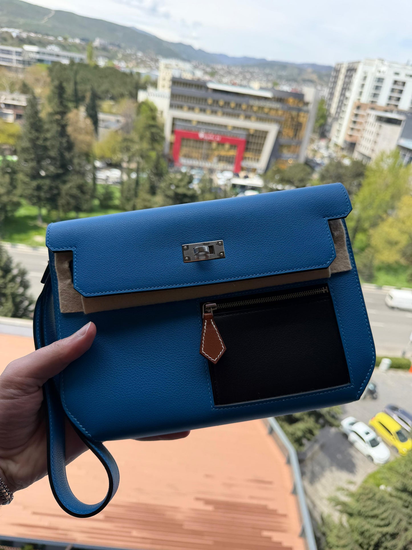 Hermes Depeche Colormatic Bleu Hydra/Black/Fauve Evercolor PHW Brand New Full Set