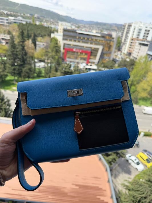 Hermes Depeche Colormatic Bleu Hydra/Black/Fauve Evercolor PHW Brand New Full Set
