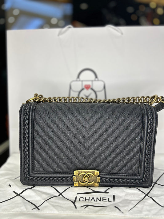 Chanel Chevron Boy Bag Caviar Large Used Excellent Condition