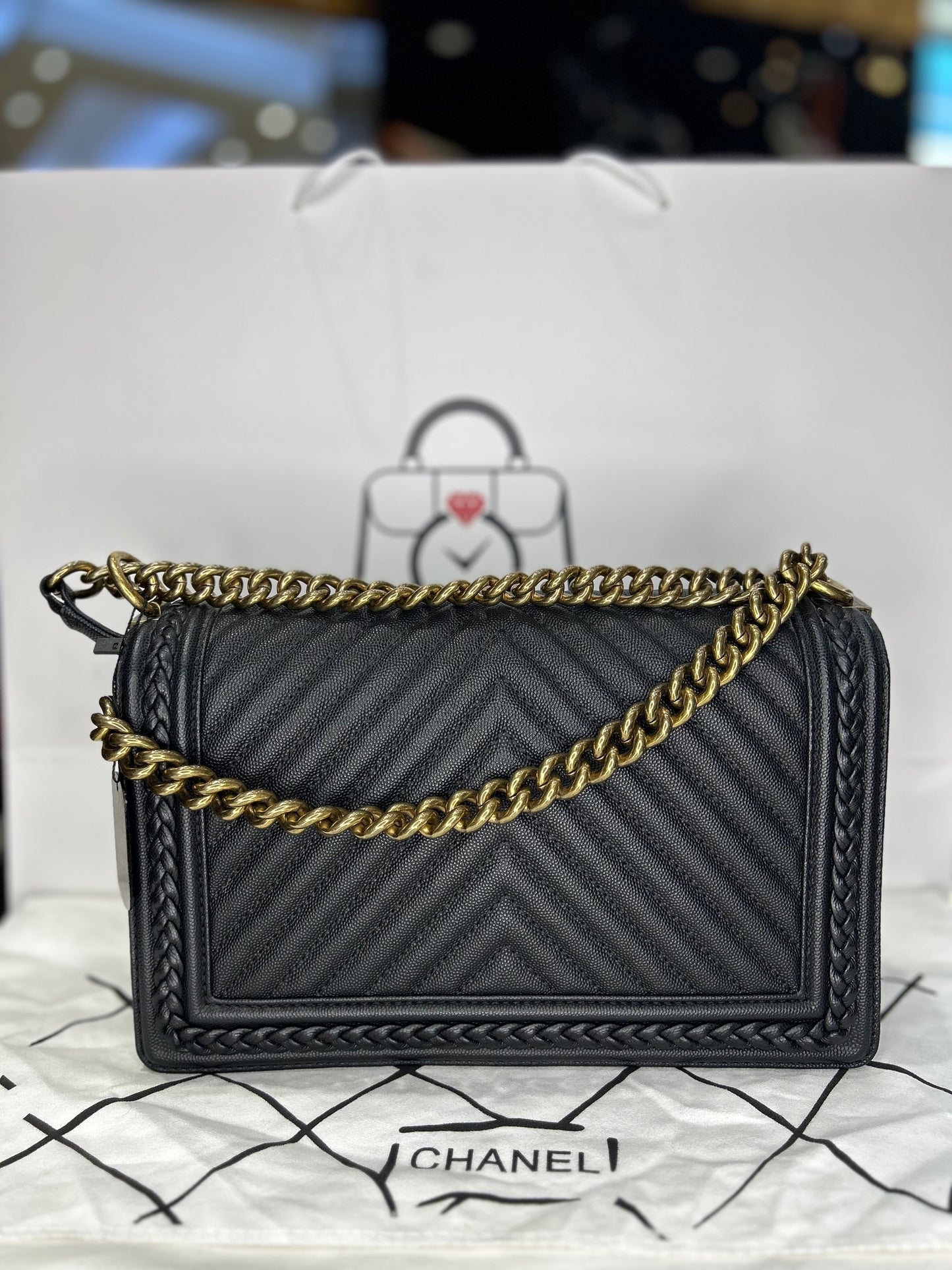 Chanel Chevron Boy Bag Caviar Large Used Excellent Condition