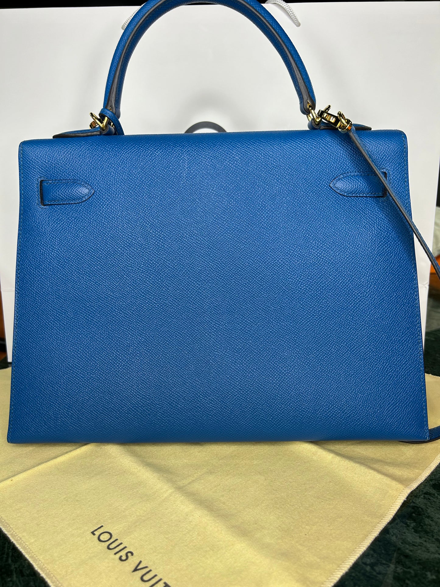 Hermes Kelly 32 Bleu Epsom Sellier No Box No Invoice. With Entrupty Certificate