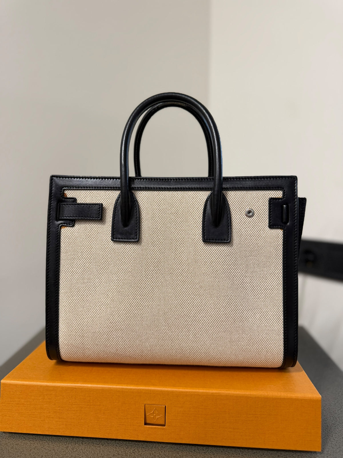 Saint Laurent Sac de Jour Tote Bag in Beige Canvas & Black Leather