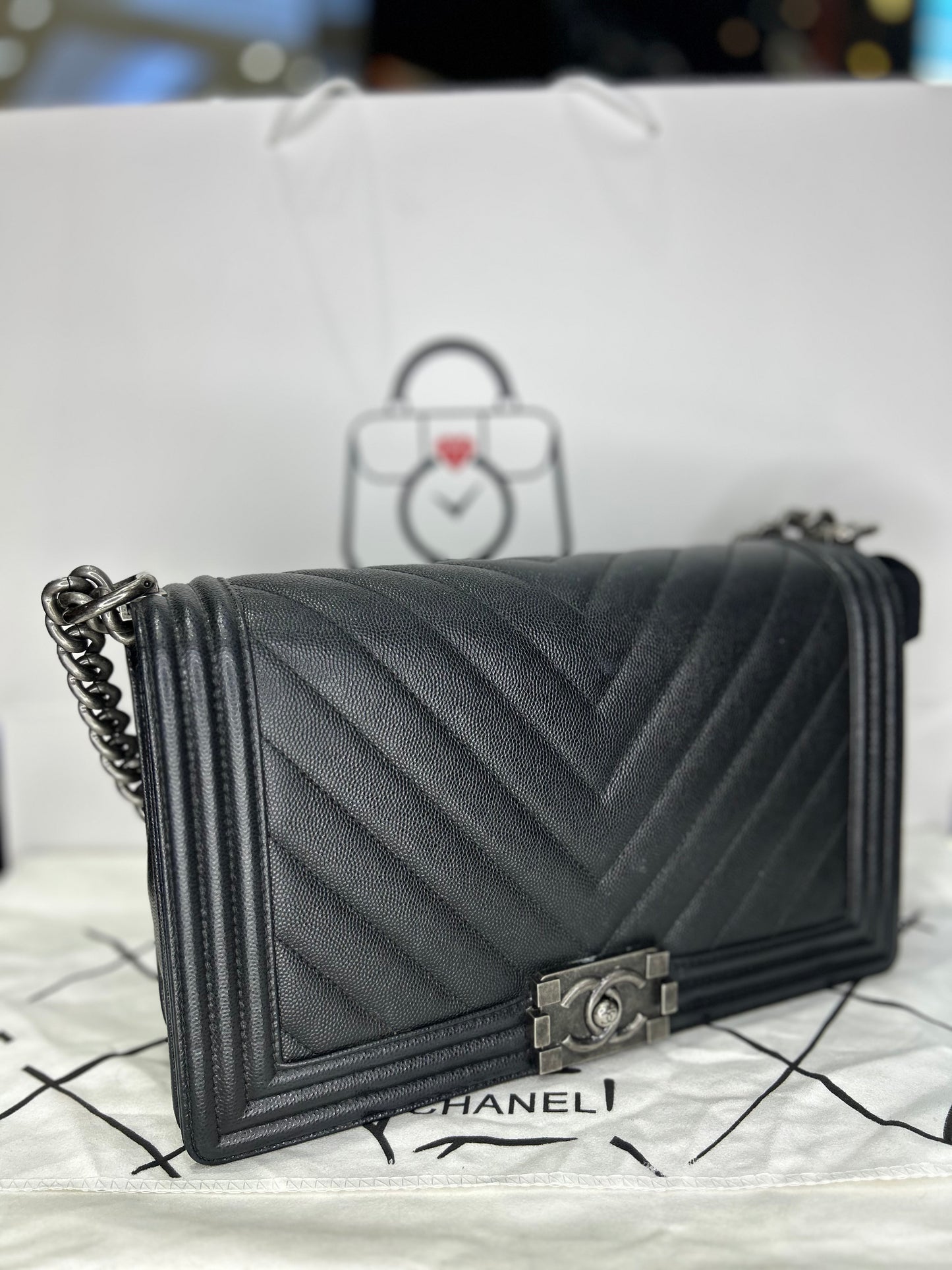 Chanel Boy Bag Caviar Large Chevron Used Excellent Condition