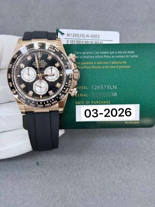 Rolex Daytona 40mm Black Diamond Dial Rose Gold Oysterflex Bracelet Brand New 2026 Full Set 126515LN