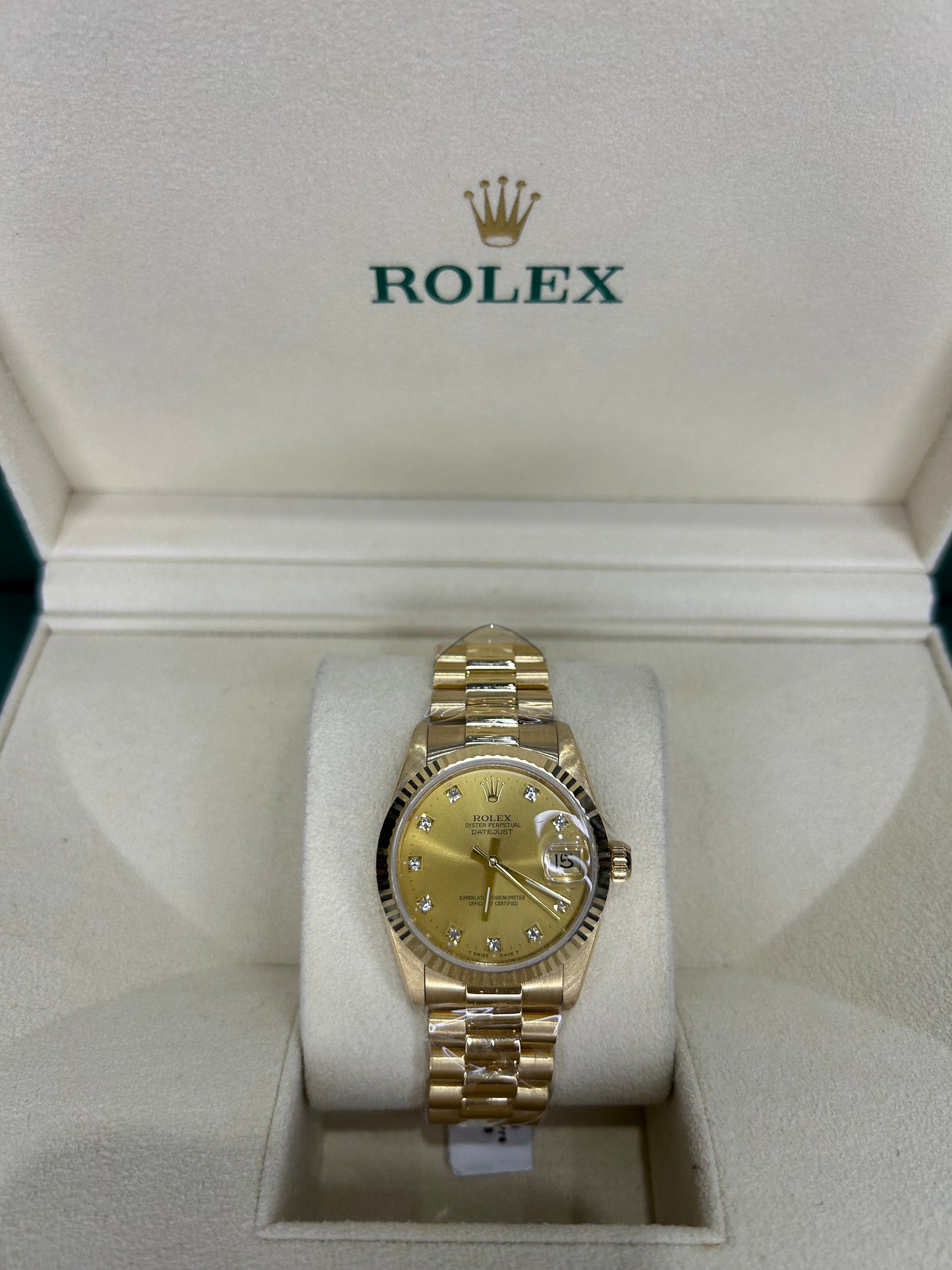 Rolex Ladies Datejust 31mm President 18K Yellow Gold With Diamonds 68278 Polished 1995 Full Set