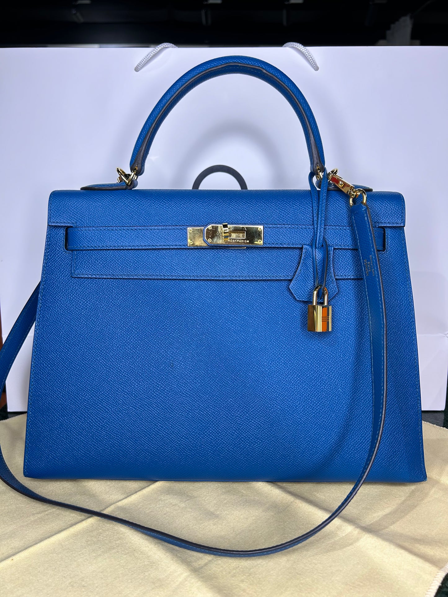 Hermes Kelly 32 Bleu Epsom Sellier No Box No Invoice. With Entrupty Certificate