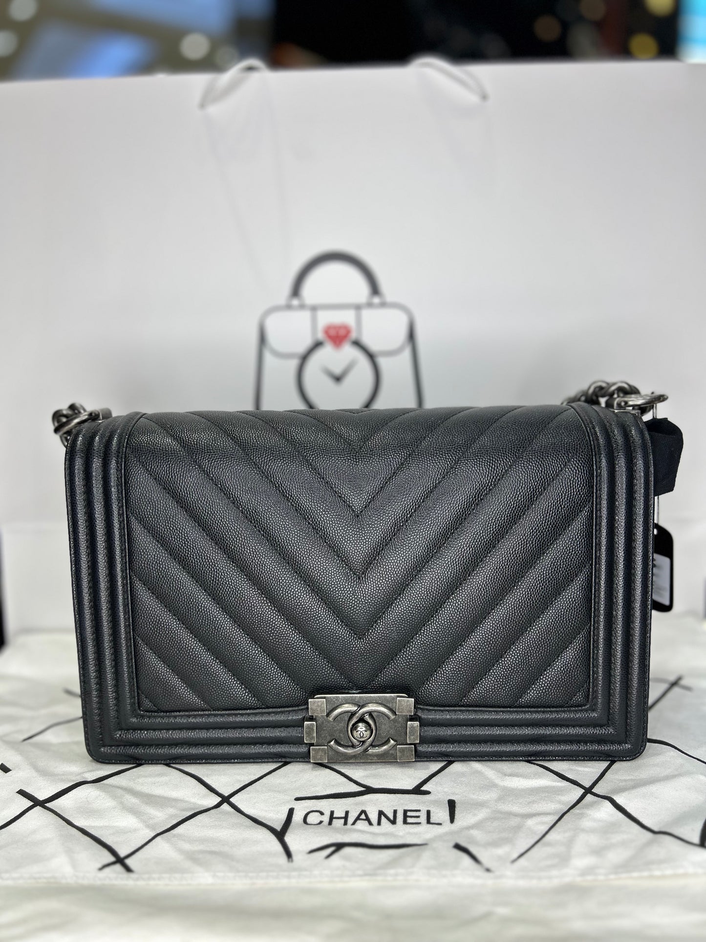 Chanel Boy Bag Caviar Large Chevron Used Excellent Condition