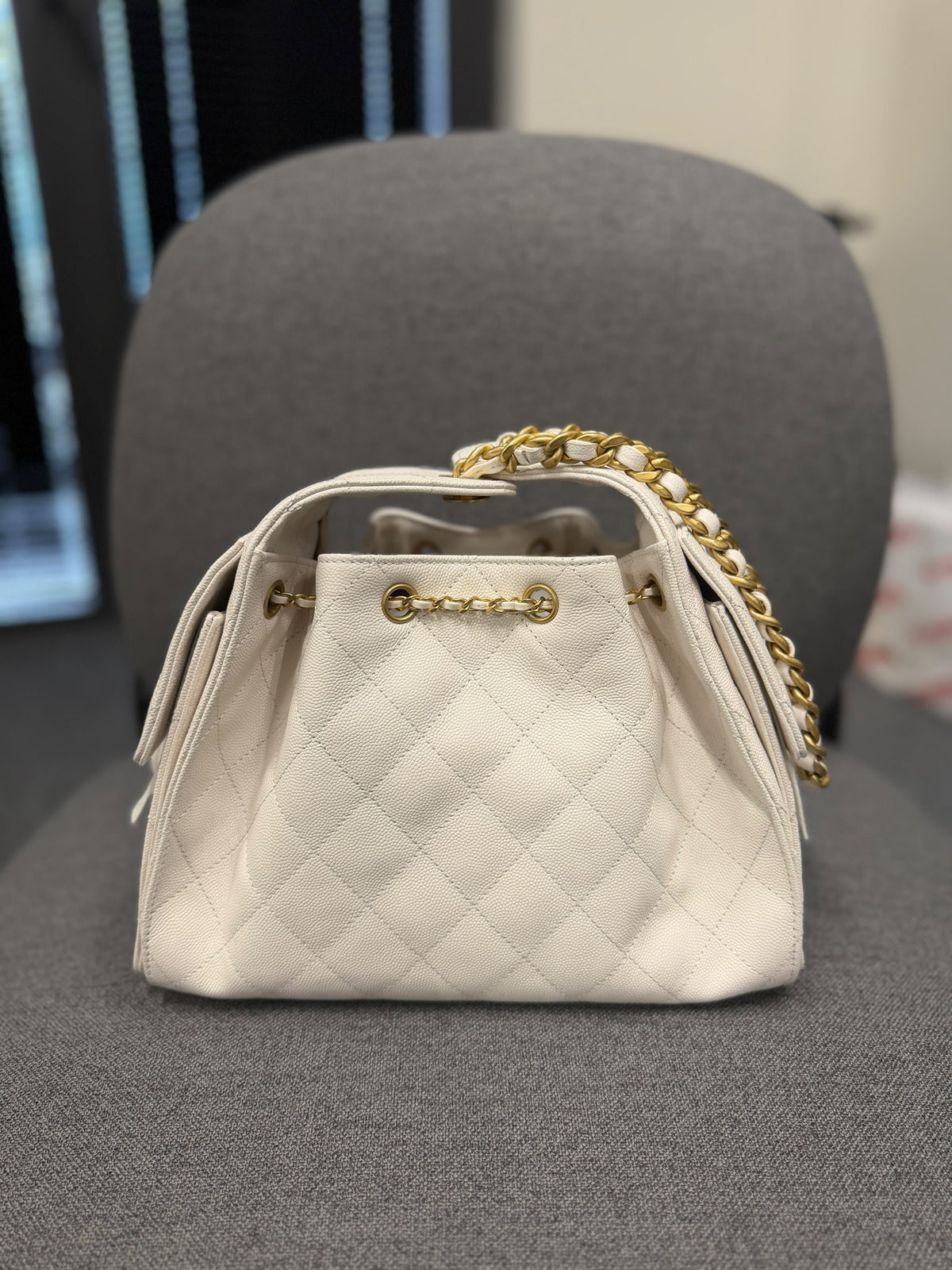Chanel Quilted Caviar Leather Drawstring Bag – Ivory with Gold-Tone Hardware – Brand New. With Box And Papers