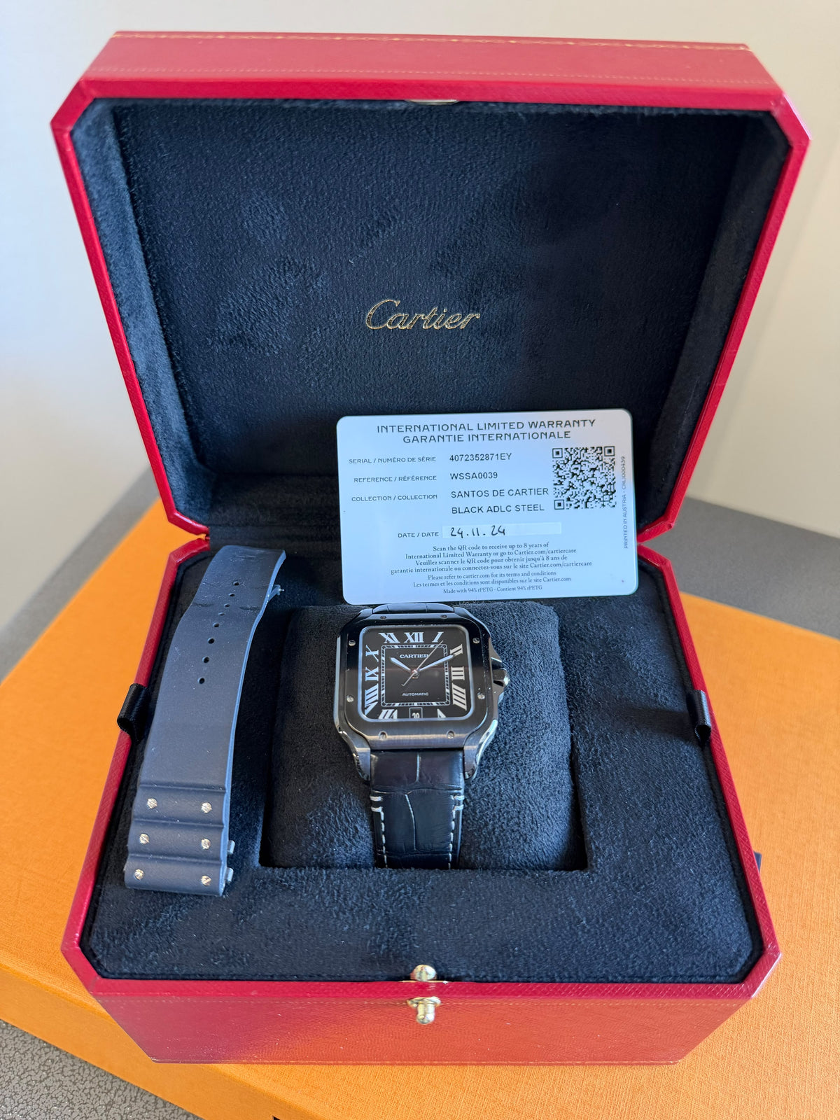 Cartier Men’s Santos Large  Black ADLC Steel WSSA0039 Used Full Set 2024 Automatic