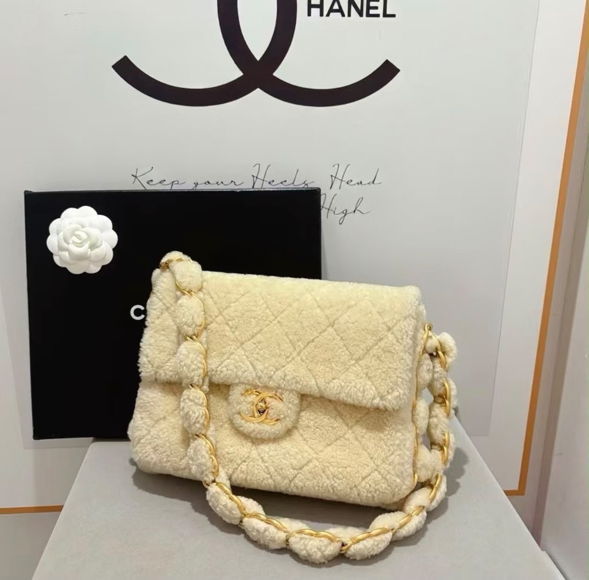Chanel Cream Shearling Classic Flap Bag with Gold Chain
