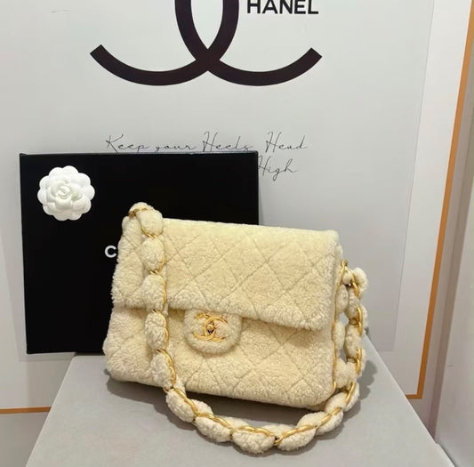 Chanel Cream Shearling Classic Flap Bag with Gold Chain