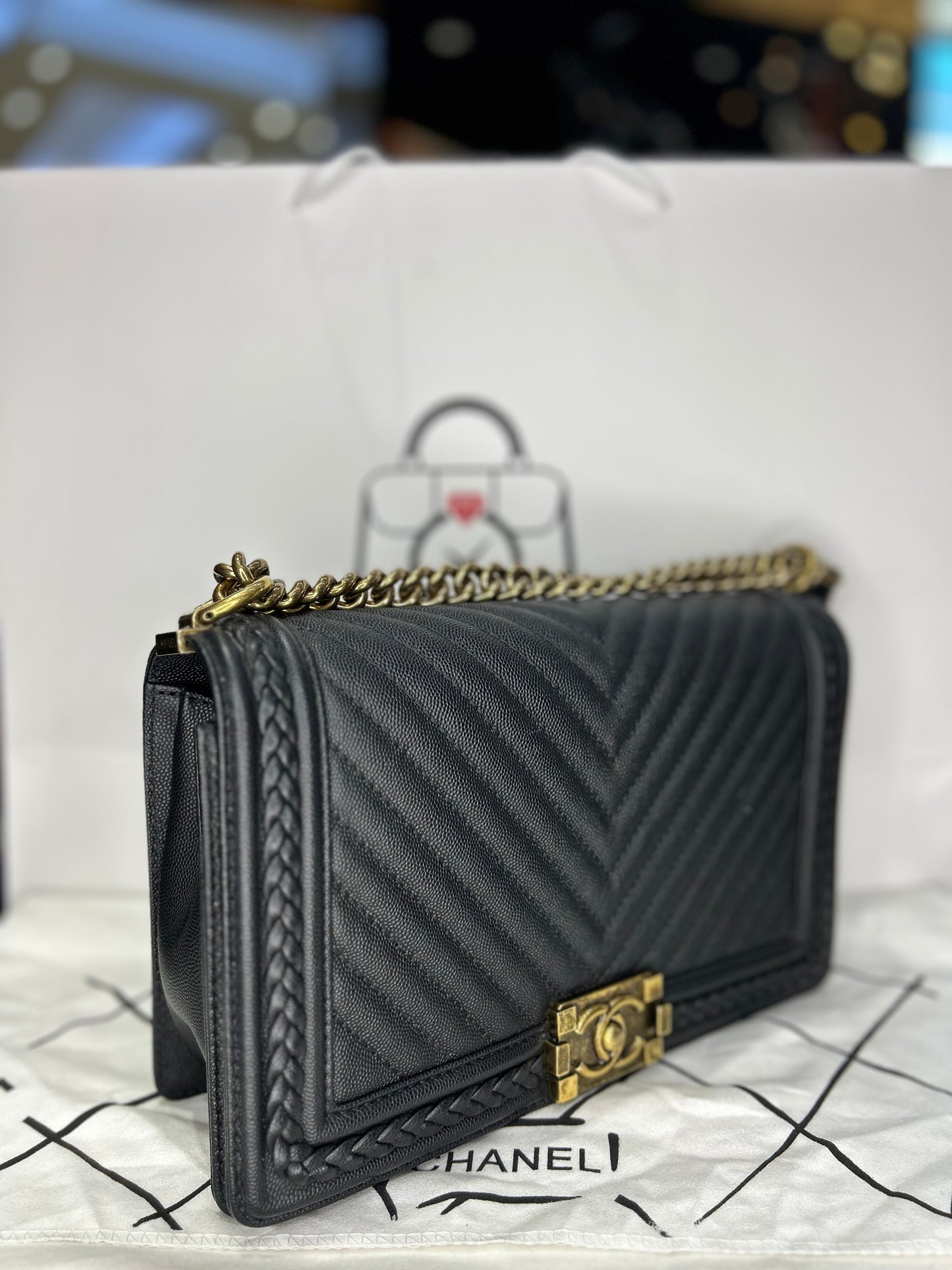 Chanel Chevron Boy Bag Caviar Large Used Excellent Condition