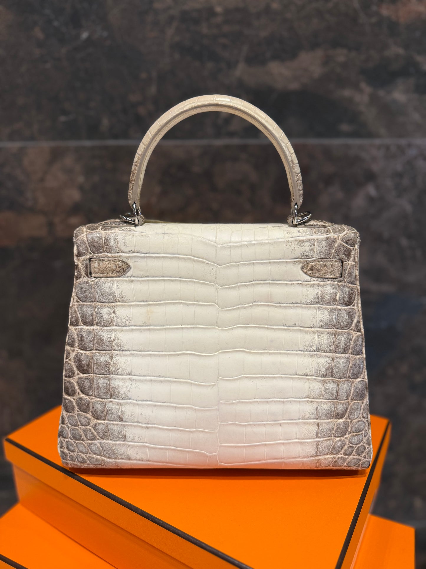 Hermes Kelly 25 Himalayan Crocodile PHW Used Full Set