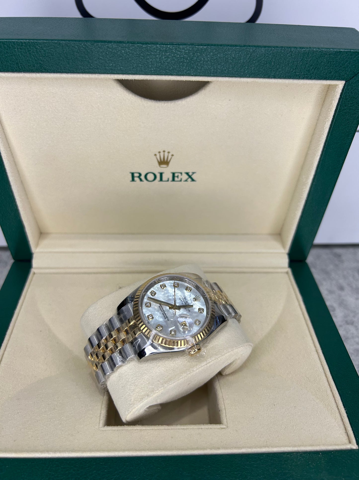 Rolex Ladies Datejust 36mm Steel/Gold MOP Dial With Diamonds 116223 Full Set 2009 Year Polished