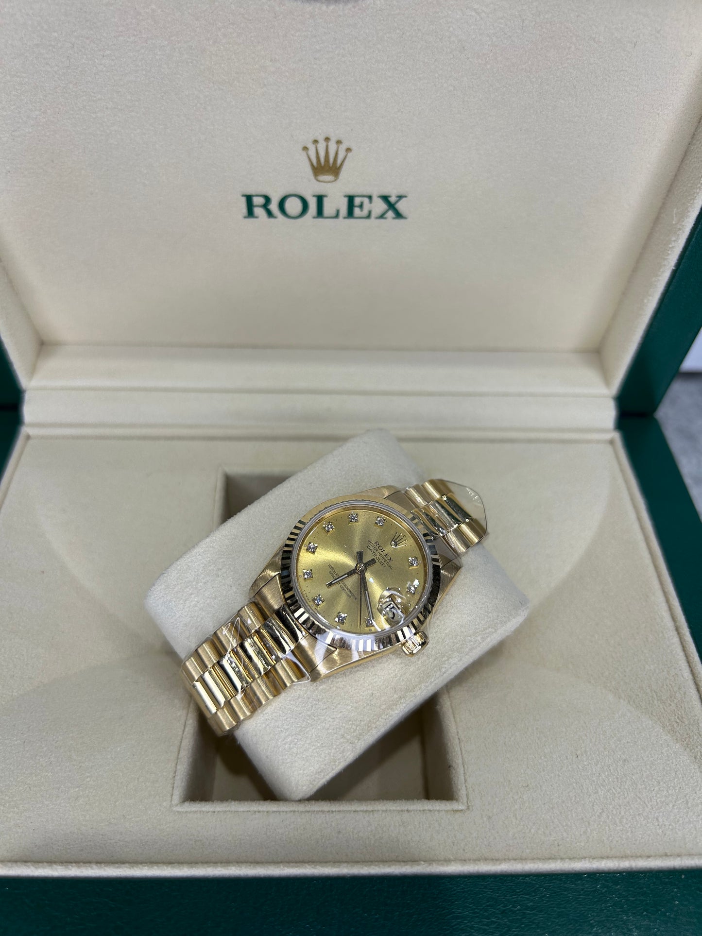 Rolex Ladies Datejust 31mm President 18K Yellow Gold With Diamonds 68278 Polished 1995 Full Set