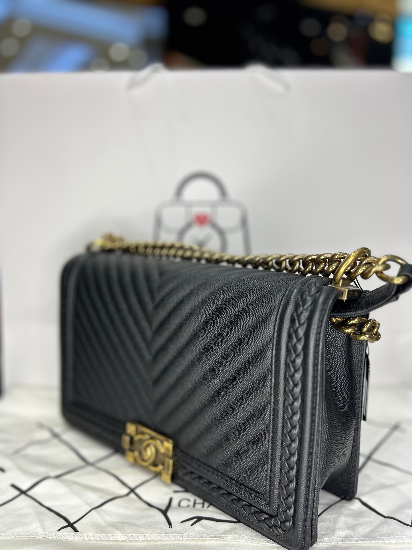 Chanel Chevron Boy Bag Caviar Large Used Excellent Condition