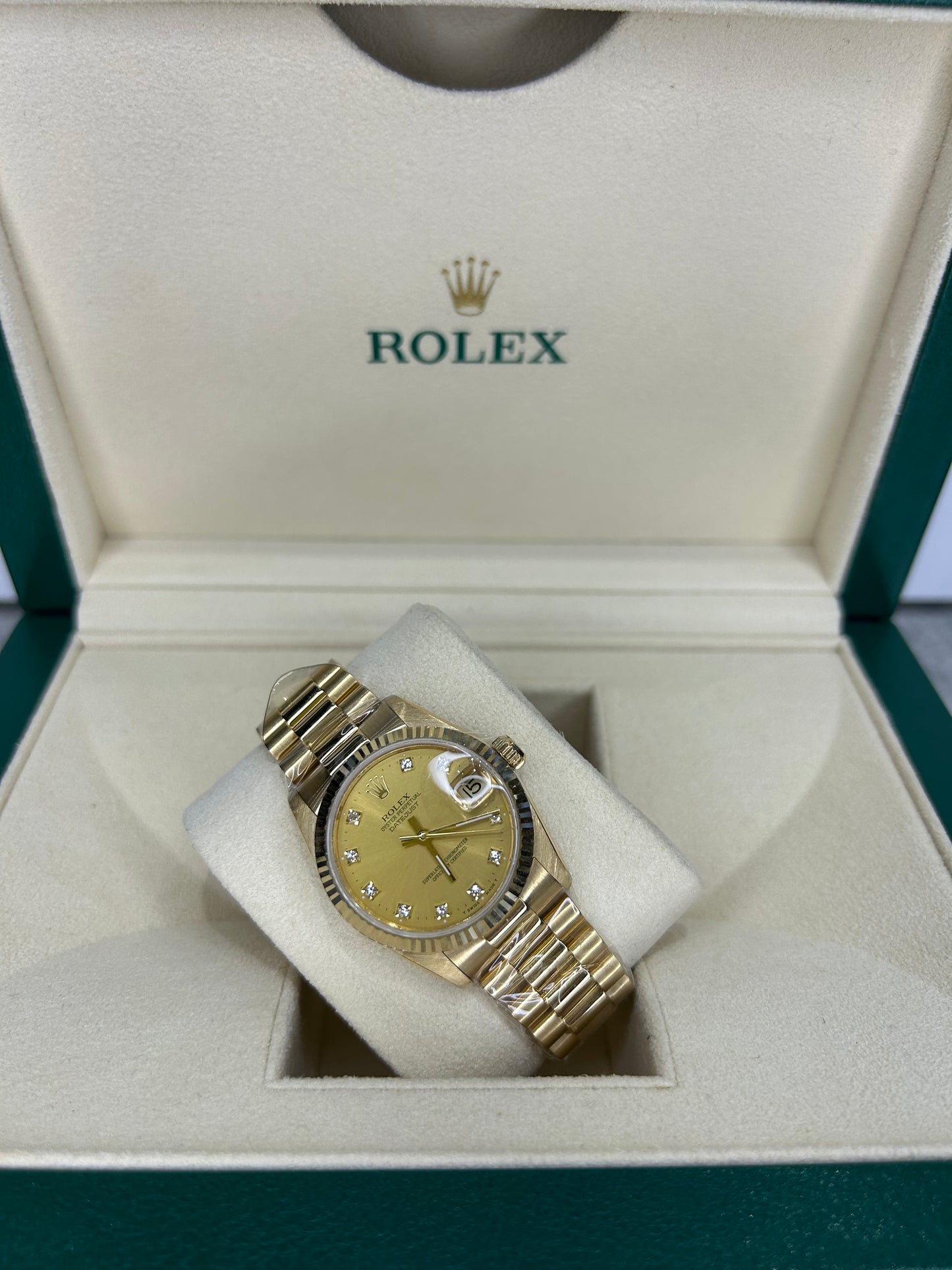 Rolex Ladies Datejust 31mm President 18K Yellow Gold With Diamonds 68278 Polished 1995 Full Set