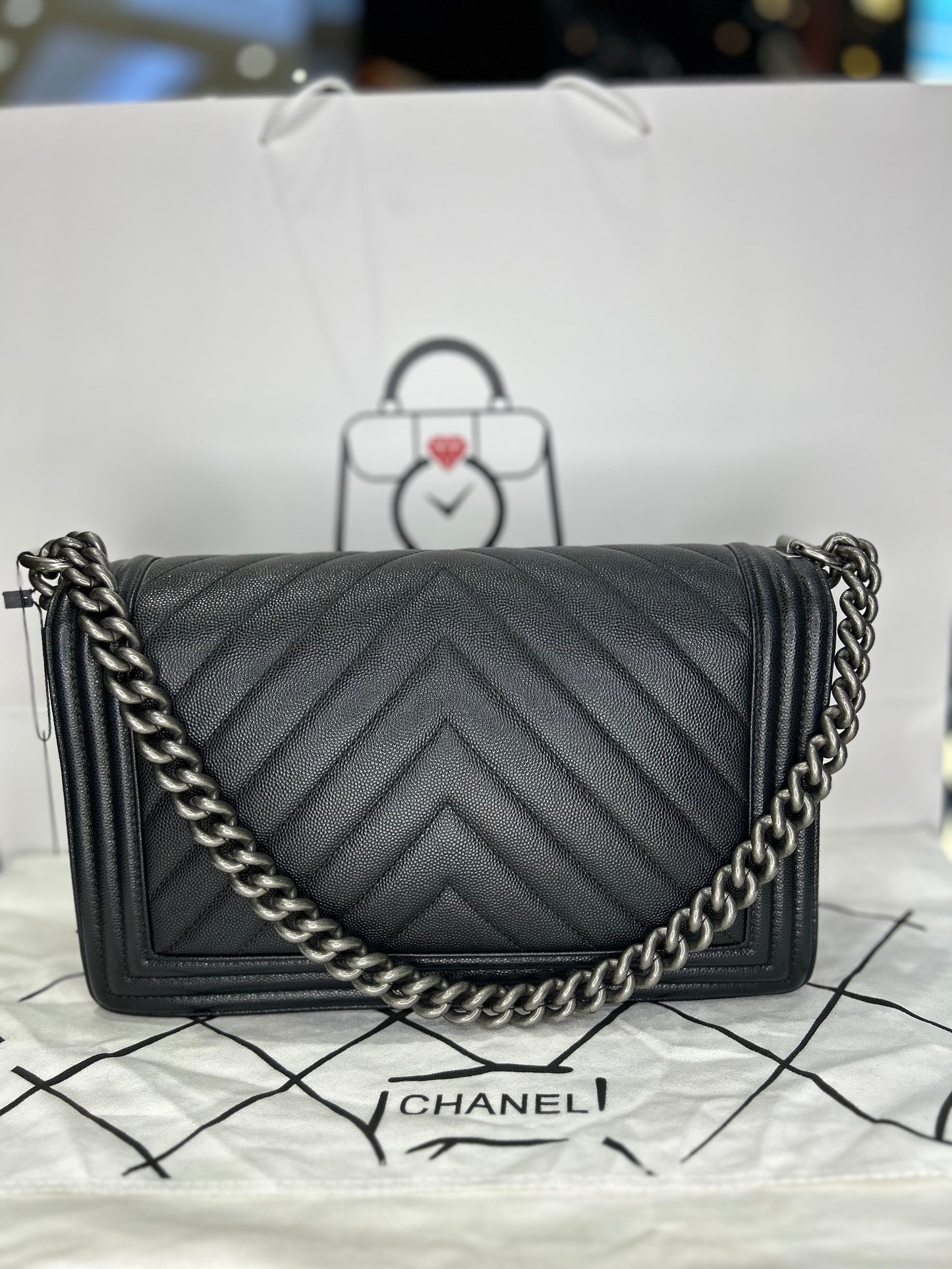 Chanel Boy Bag Caviar Large Chevron Used Excellent Condition