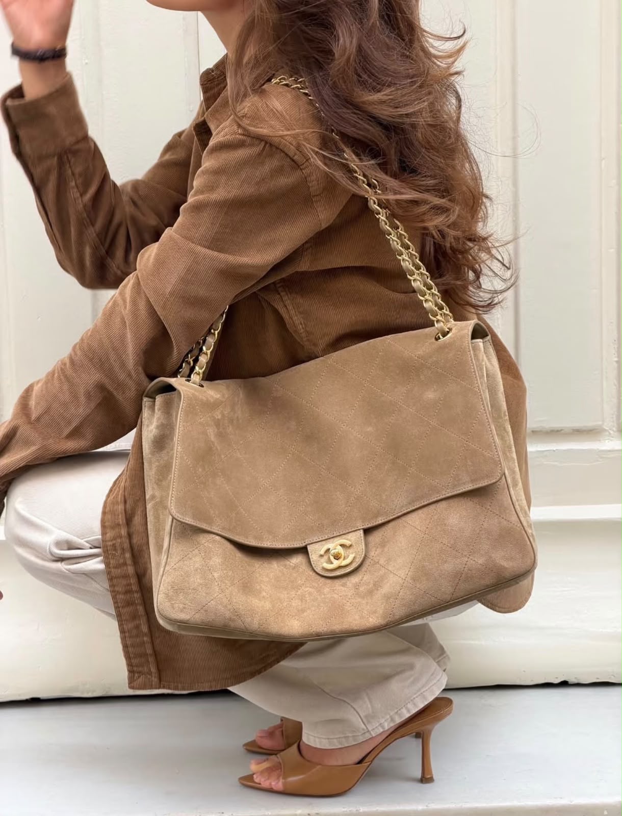 Chanel Beige Suede Quilted Flap Shoulder Bag with Gold Chain