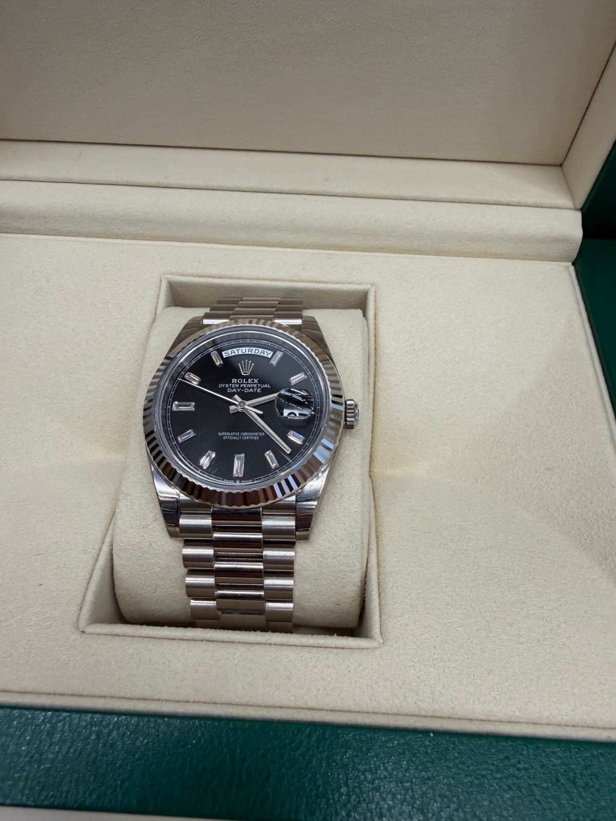 Rolex Day-Date 40mm 18K White Gold 2024 New With Stickers Full Set With Baguette Diamonds (Tbilisi)