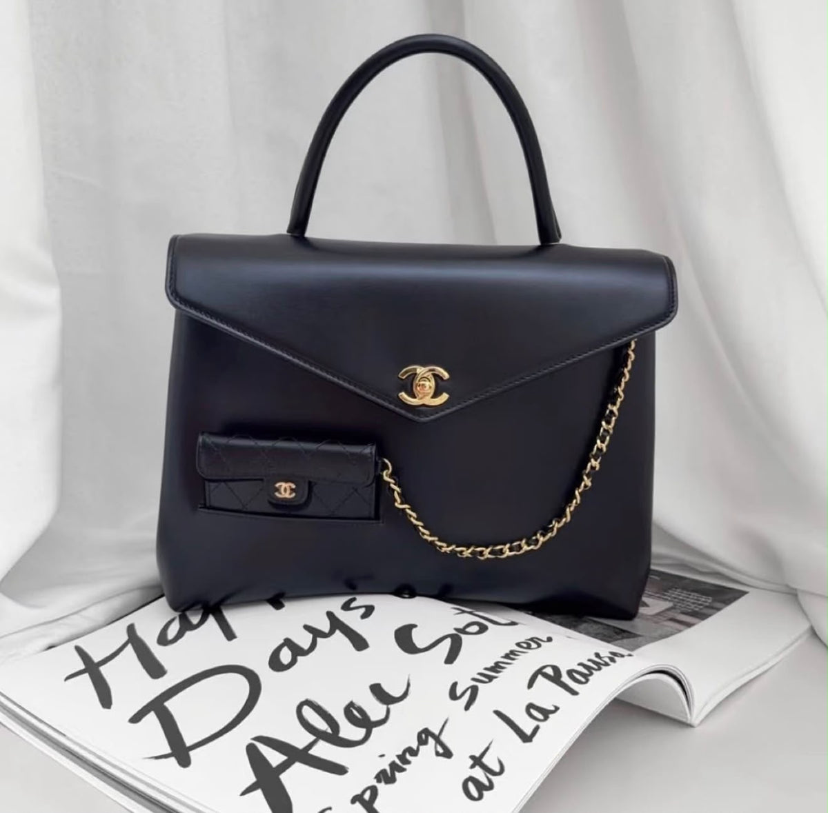 Chanel Black Leather Top Handle Bag with Chain Detail