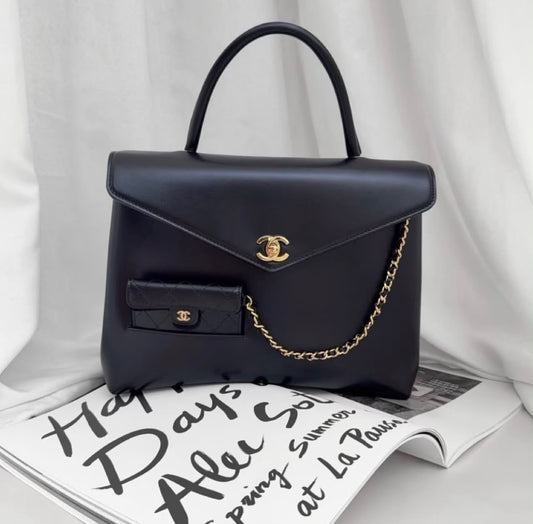 Chanel Black Leather Top Handle Bag with Chain Detail