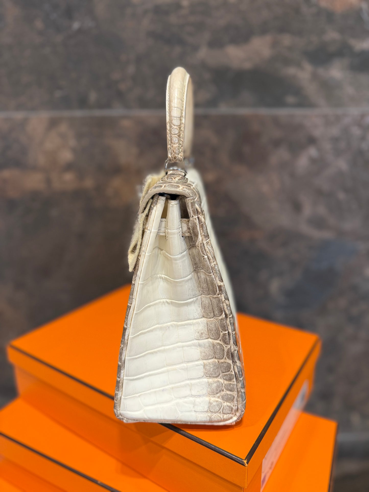 Hermes Kelly 25 Himalayan Crocodile PHW Used Full Set