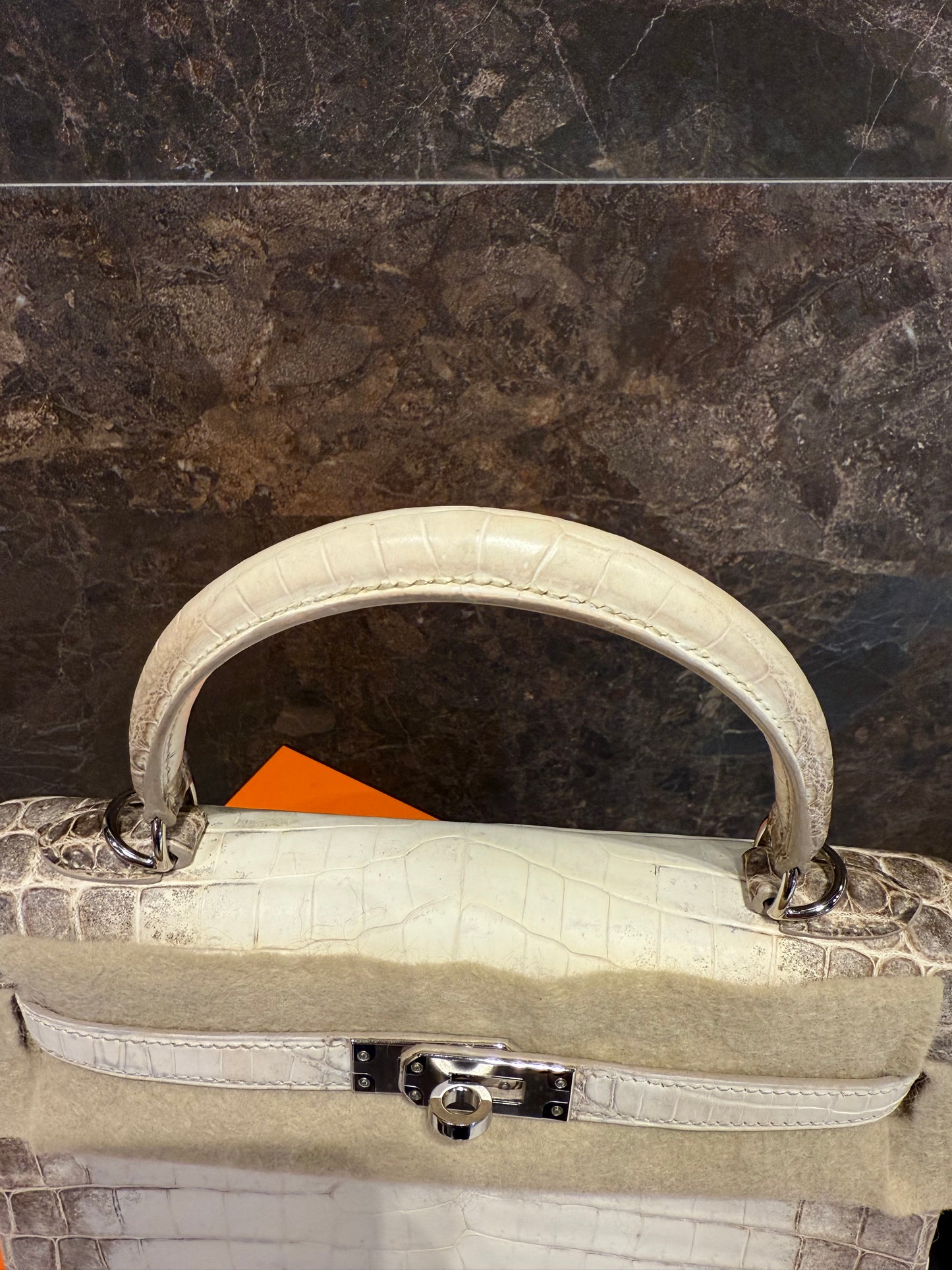 Hermes Kelly 25 Himalayan Crocodile PHW Used Full Set