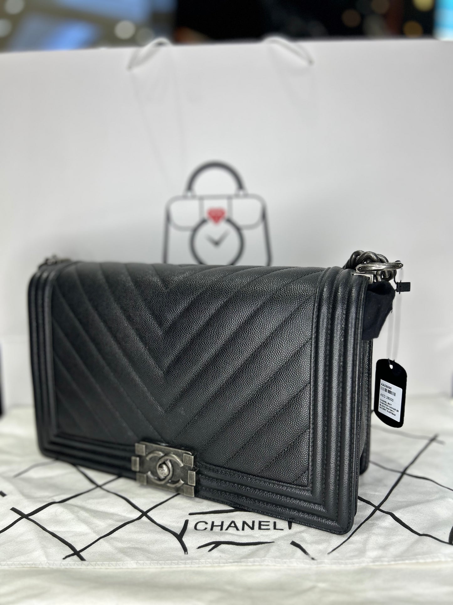 Chanel Boy Bag Caviar Large Chevron Used Excellent Condition