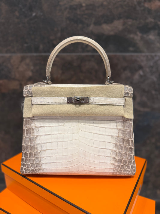 Hermes Kelly 25 Himalayan Crocodile PHW Used Full Set