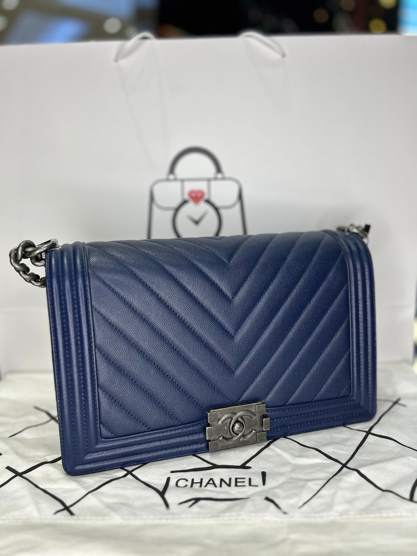 Chanel Boy Bag Caviar Large Chevron Used Excellent Condition