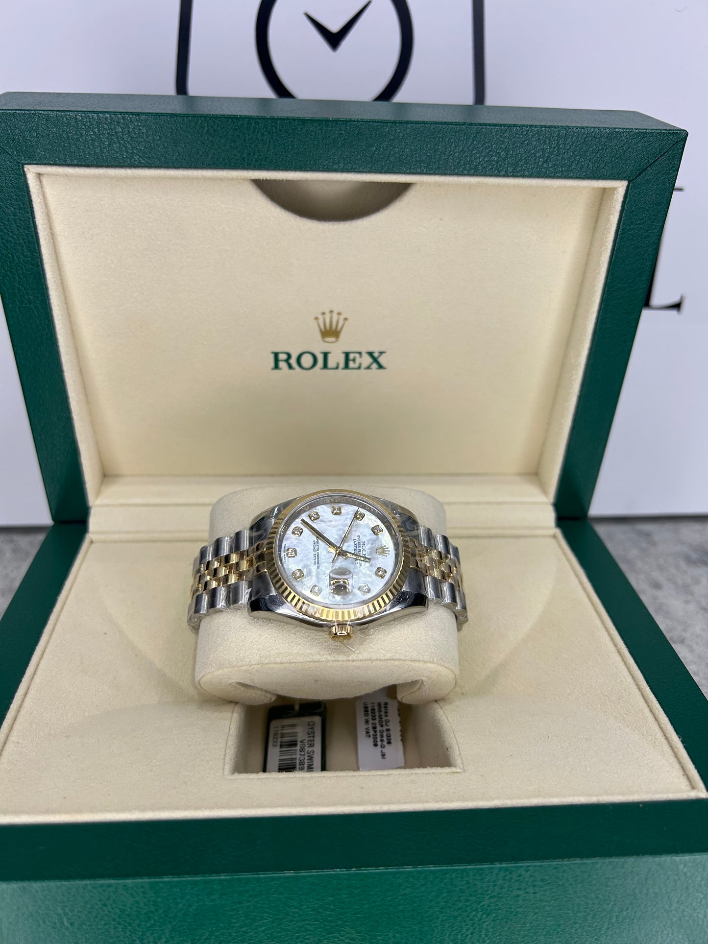 Rolex Ladies Datejust 36mm Steel/Gold MOP Dial With Diamonds 116223 Full Set 2009 Year Polished