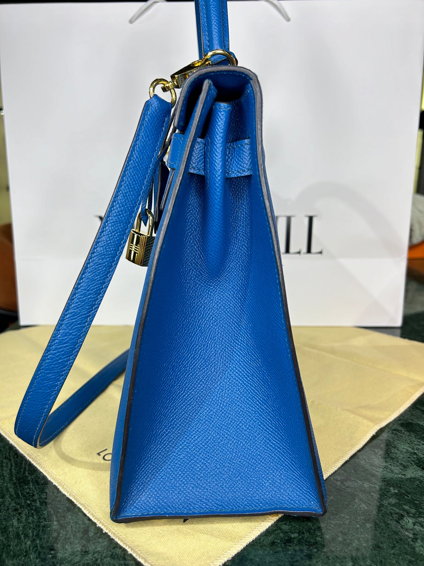 Hermes Kelly 32 Bleu Epsom Sellier No Box No Invoice. With Entrupty Certificate