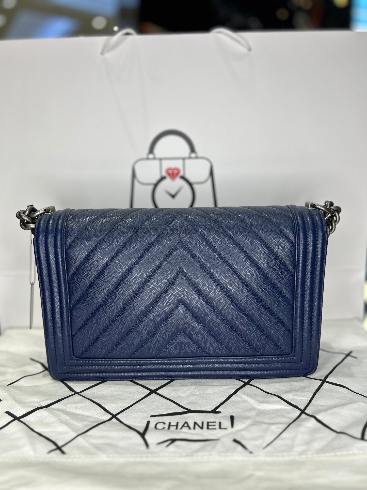 Chanel Boy Bag Caviar Large Chevron Used Excellent Condition