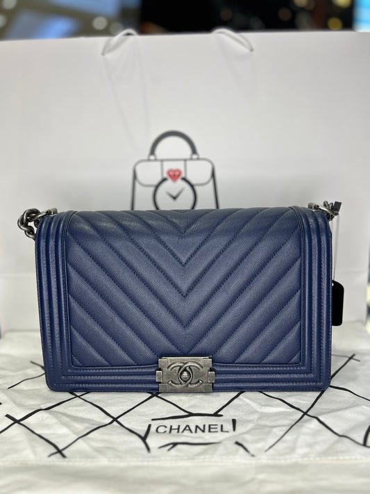 Chanel Boy Bag Caviar Large Chevron Used Excellent Condition