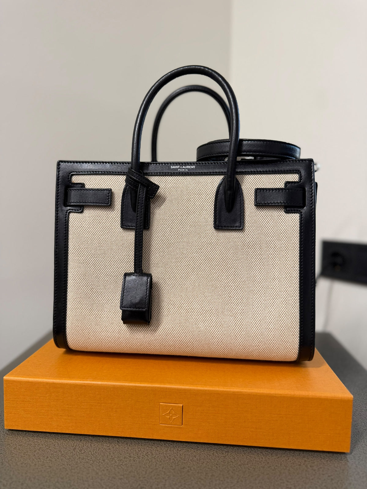 Saint Laurent Sac de Jour Tote Bag in Beige Canvas & Black Leather
