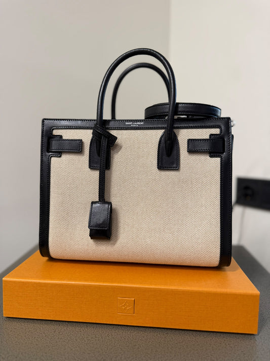 Saint Laurent Sac de Jour Tote Bag in Beige Canvas & Black Leather
