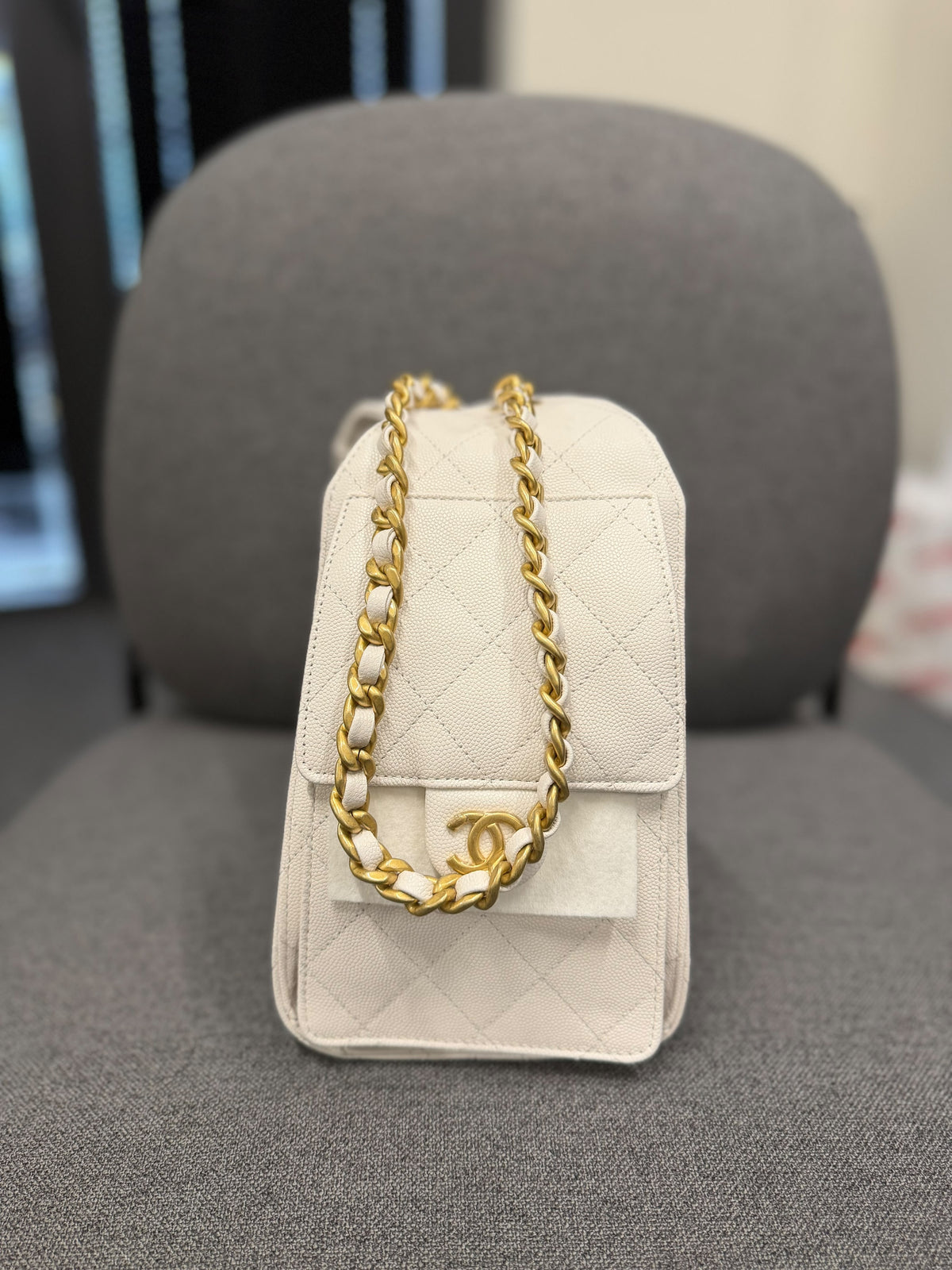 Chanel Quilted Caviar Leather Drawstring Bag – Ivory with Gold-Tone Hardware – Brand New. With Box And Papers