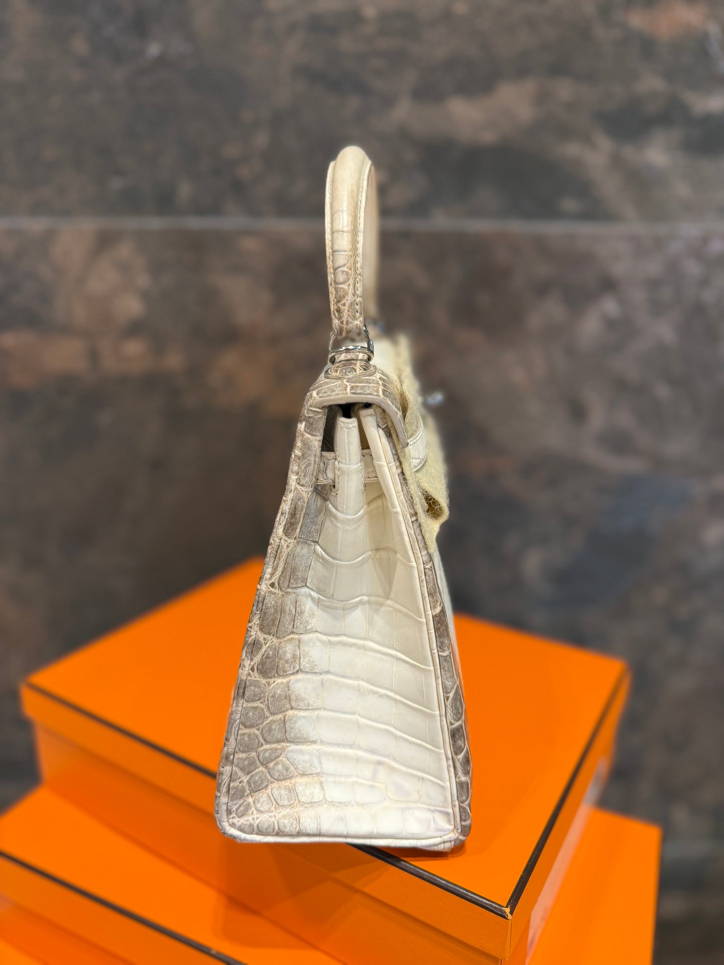 Hermes Kelly 25 Himalayan Crocodile PHW Used Full Set