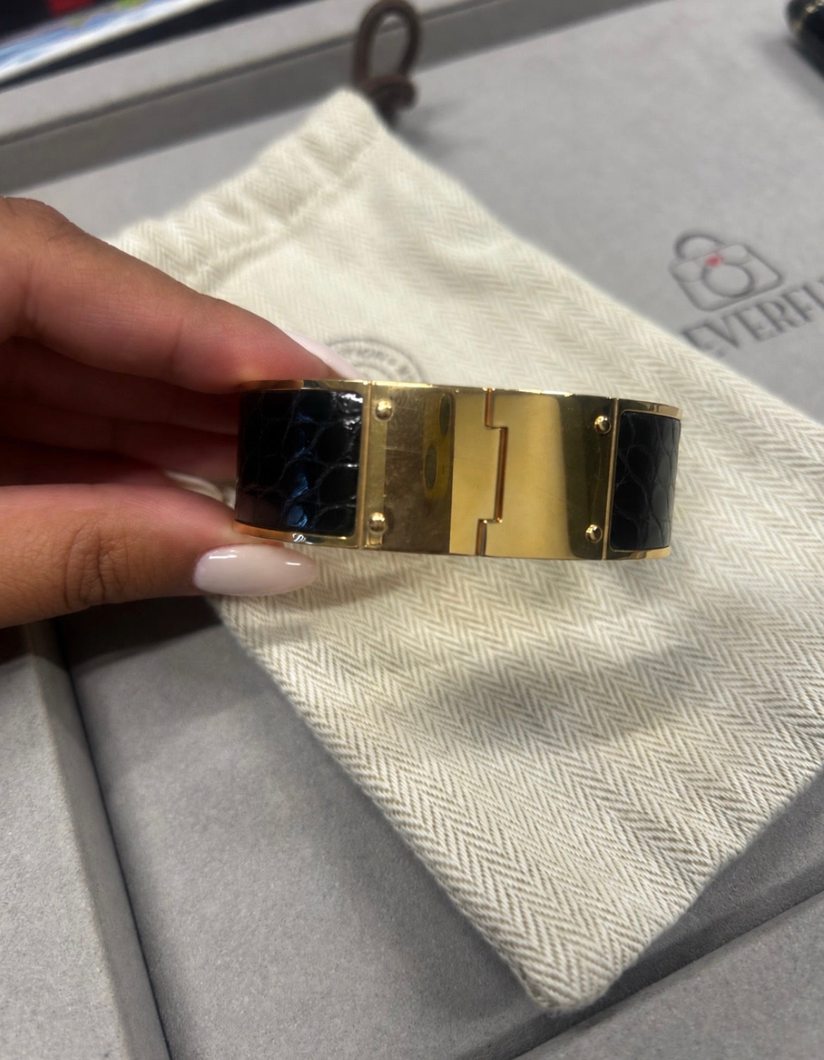 Hermès Black Leather & Gold-Tone Cuff Bracelet